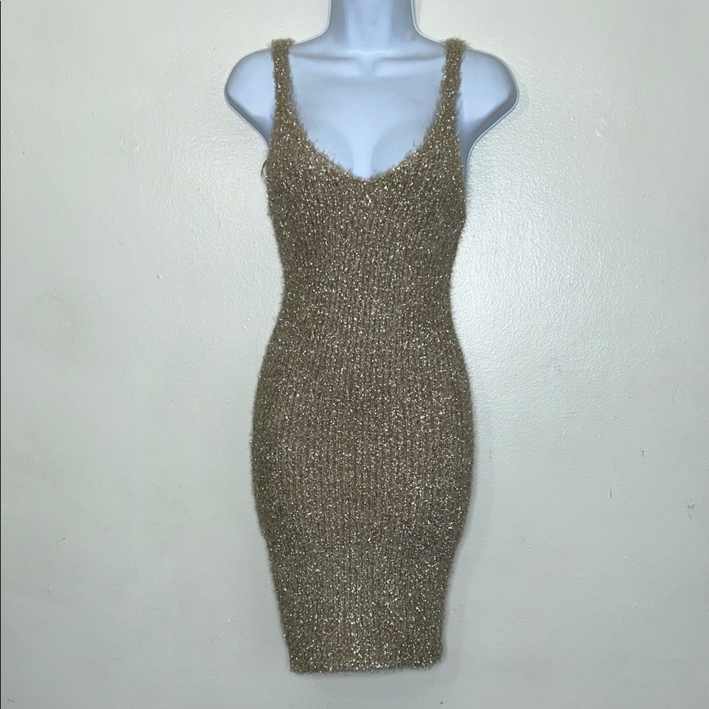 Elegant Nude/Gold Knit Fuzzy Dress